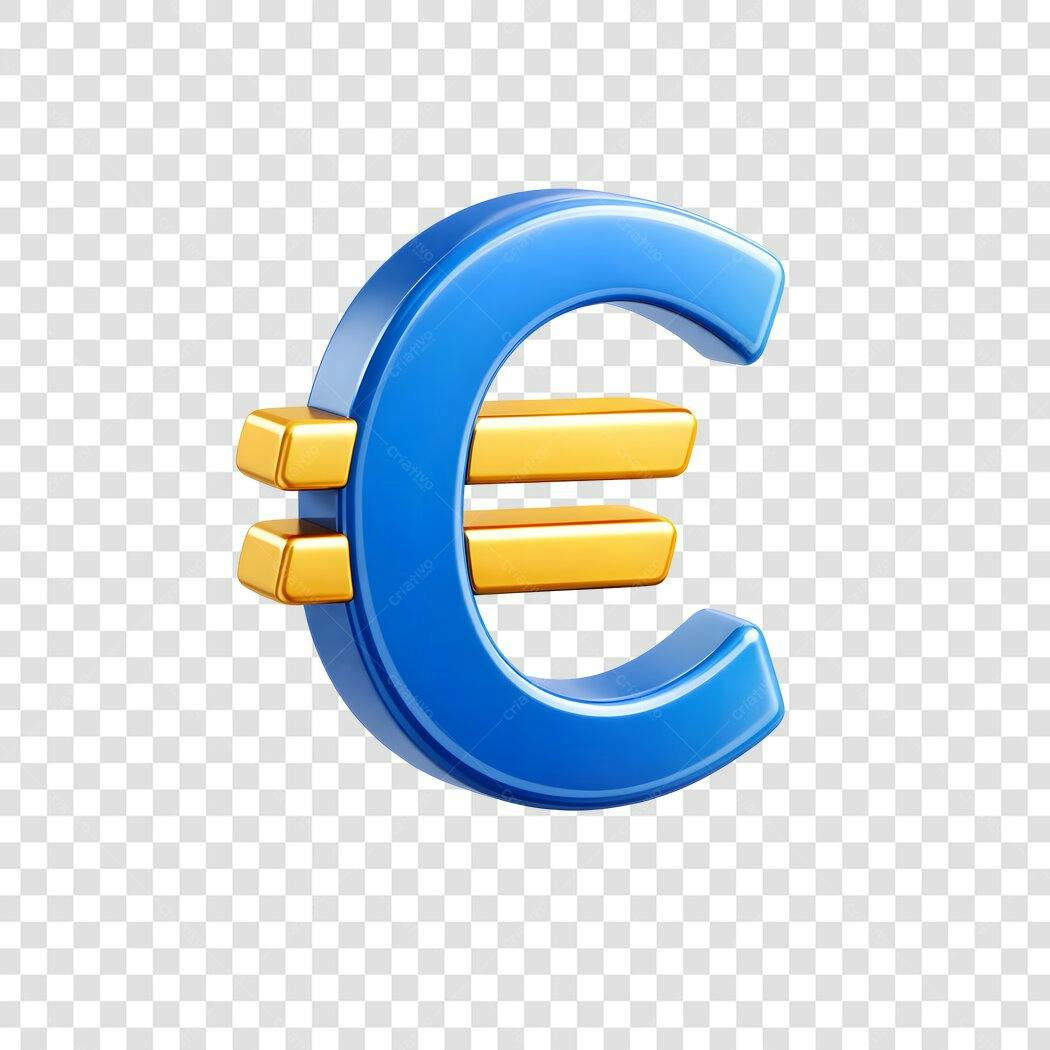 Elemento 3D Símbolo Euro Azul Dourado PNG Fundo Transparente