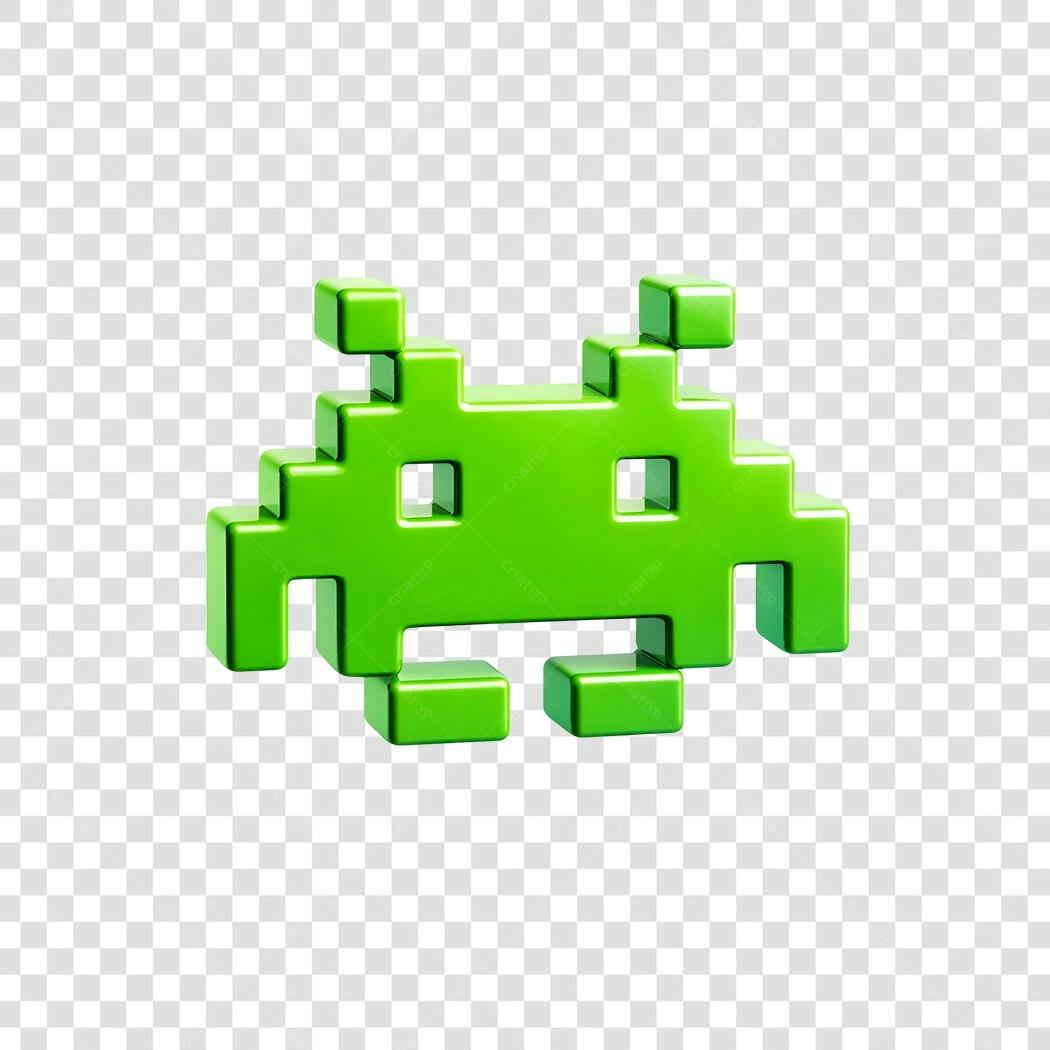 Elemento 3D Space Invader Verde Pixel Art PNG Fundo Transparente