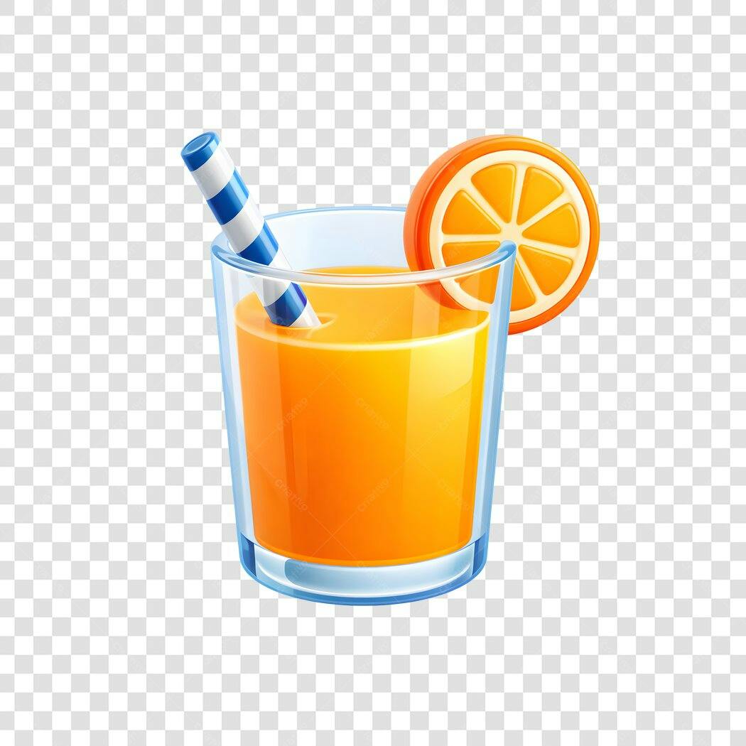 Elemento 3D Suco Laranja Copo Canudo PNG Fundo Transparente