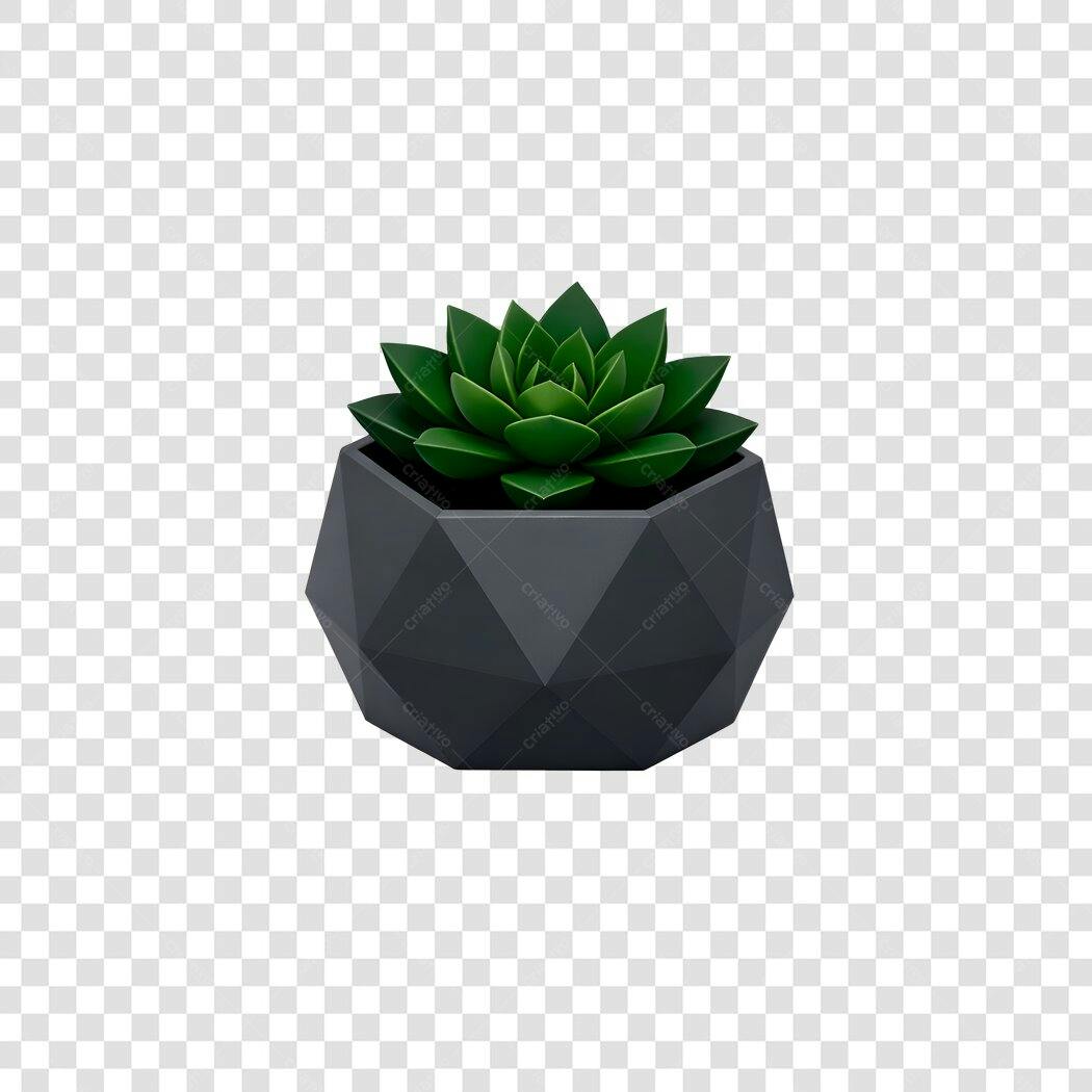 Elemento 3D Suculenta Vaso Geométrico Cinza PNG Fundo Transparente