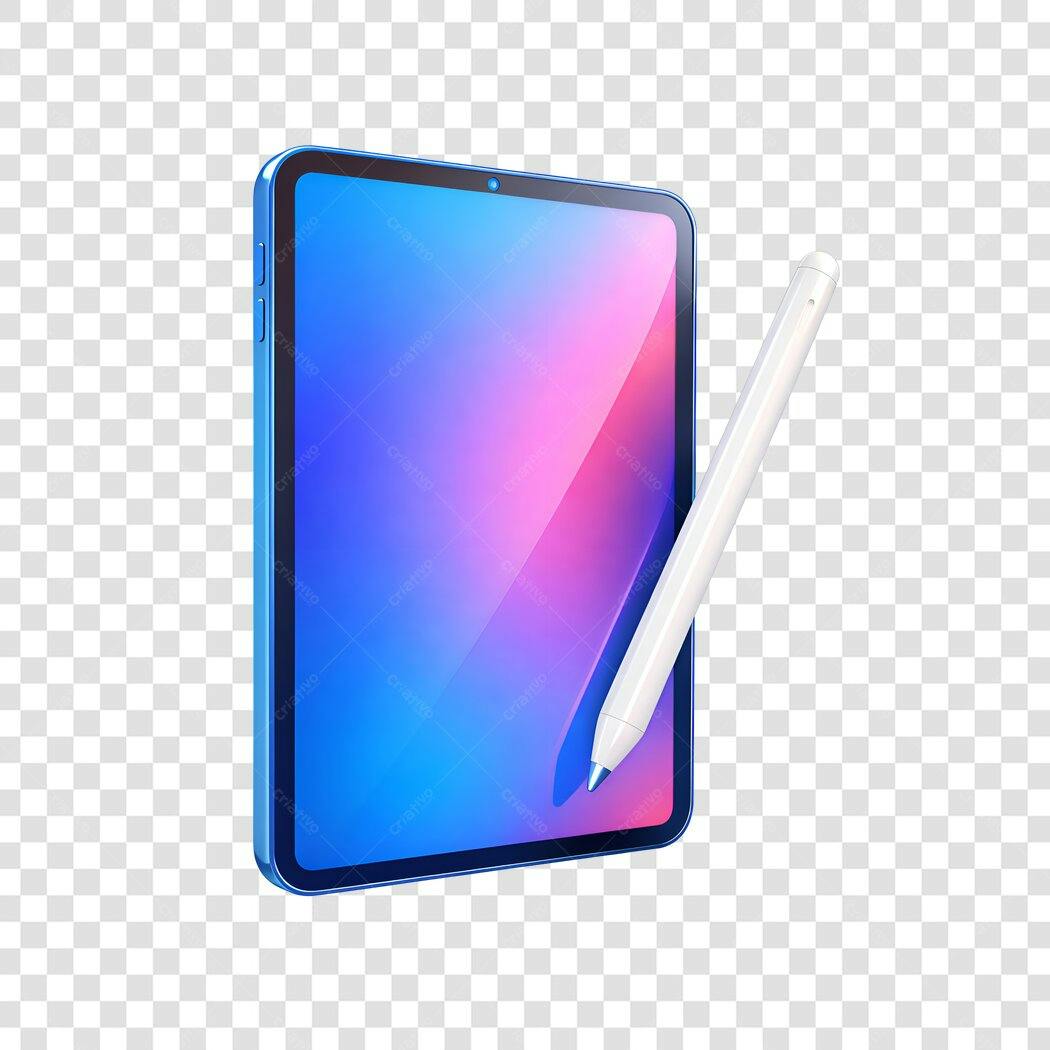 Elemento 3D Tablet Azul Caneta Stylus PNG Fundo Transparente