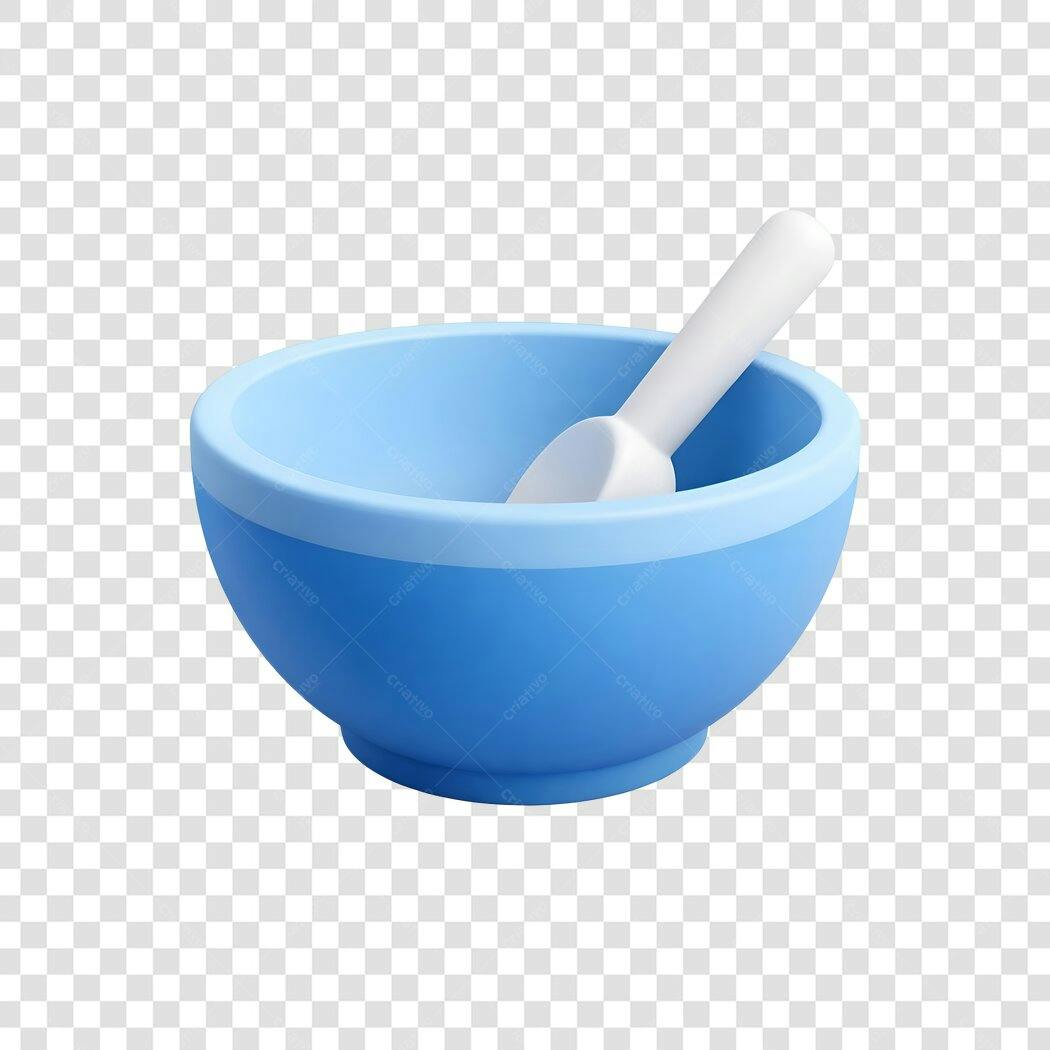 Elemento 3D Tigela Azul e Colher Branca PNG Fundo Transparente