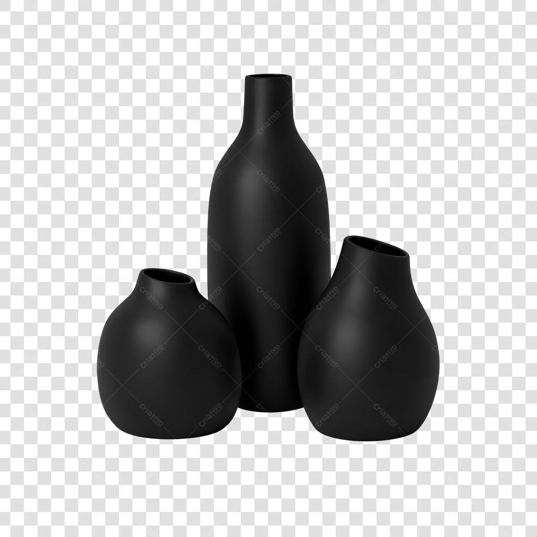 Elemento 3D Vasos Decorativos Pretos PNG Fundo Transparente