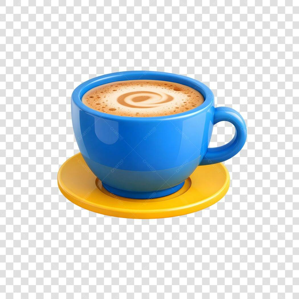 Elemento 3D Xícara Café Azul Amarelo PNG Fundo Transparente