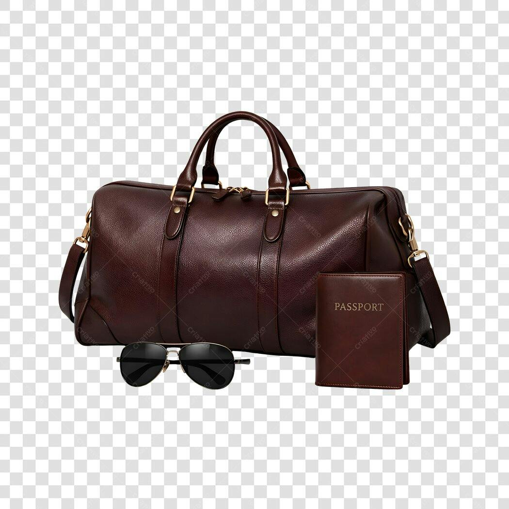 Foto Recortada Bolsa de Viagem Marrom Óculos Passaporte PNG Fundo Transparente