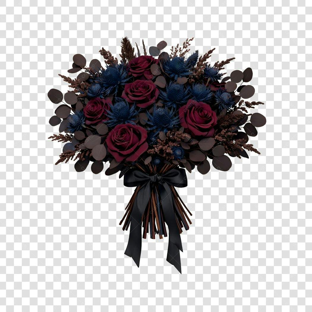 Foto Recortada Buquê Rosas Vinho e Flores Azuis PNG Fundo Transparente