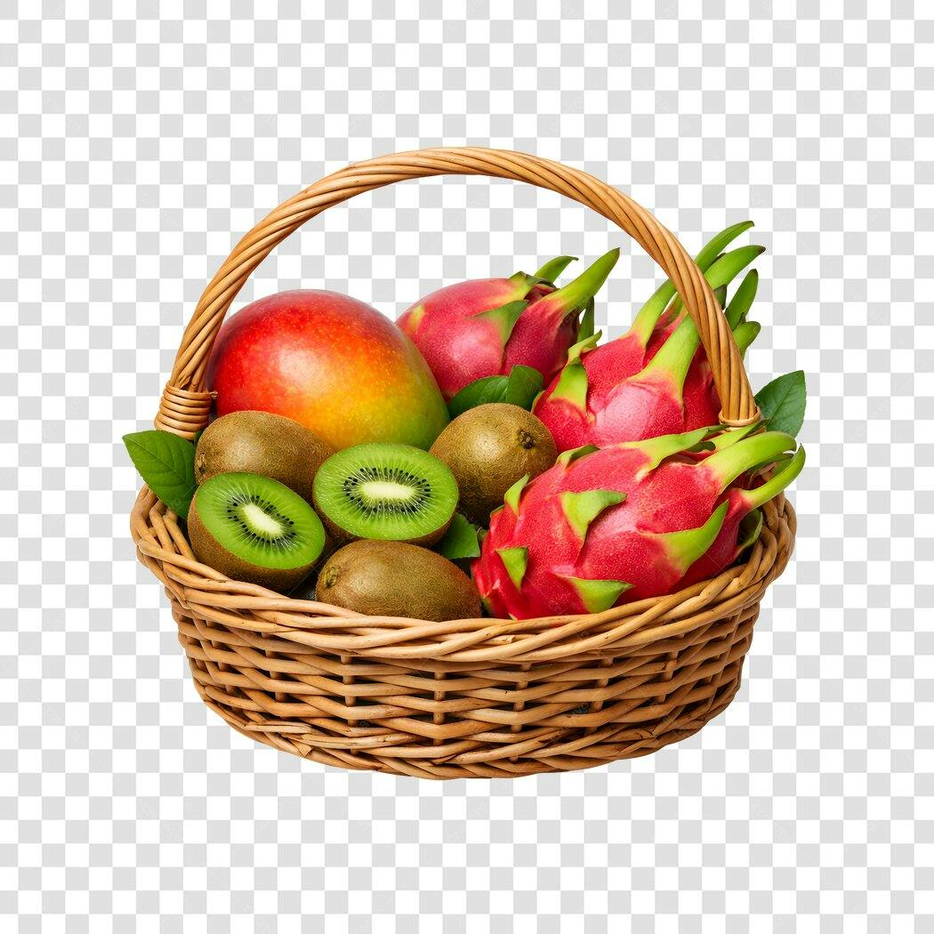 Foto Recortada Cesta de Frutas Tropicais PNG Fundo Transparente