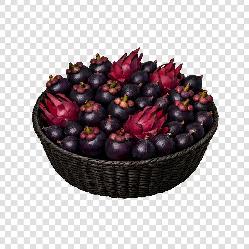 Foto Recortada Cesta Frutas Exóticas Mangostão Pitaya PNG Fundo Transparente
