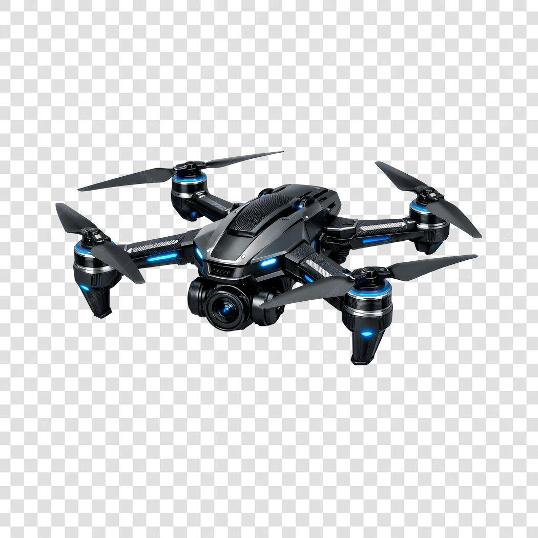 Foto Recortada Drone Preto com Luzes Azuis PNG Fundo Transparente