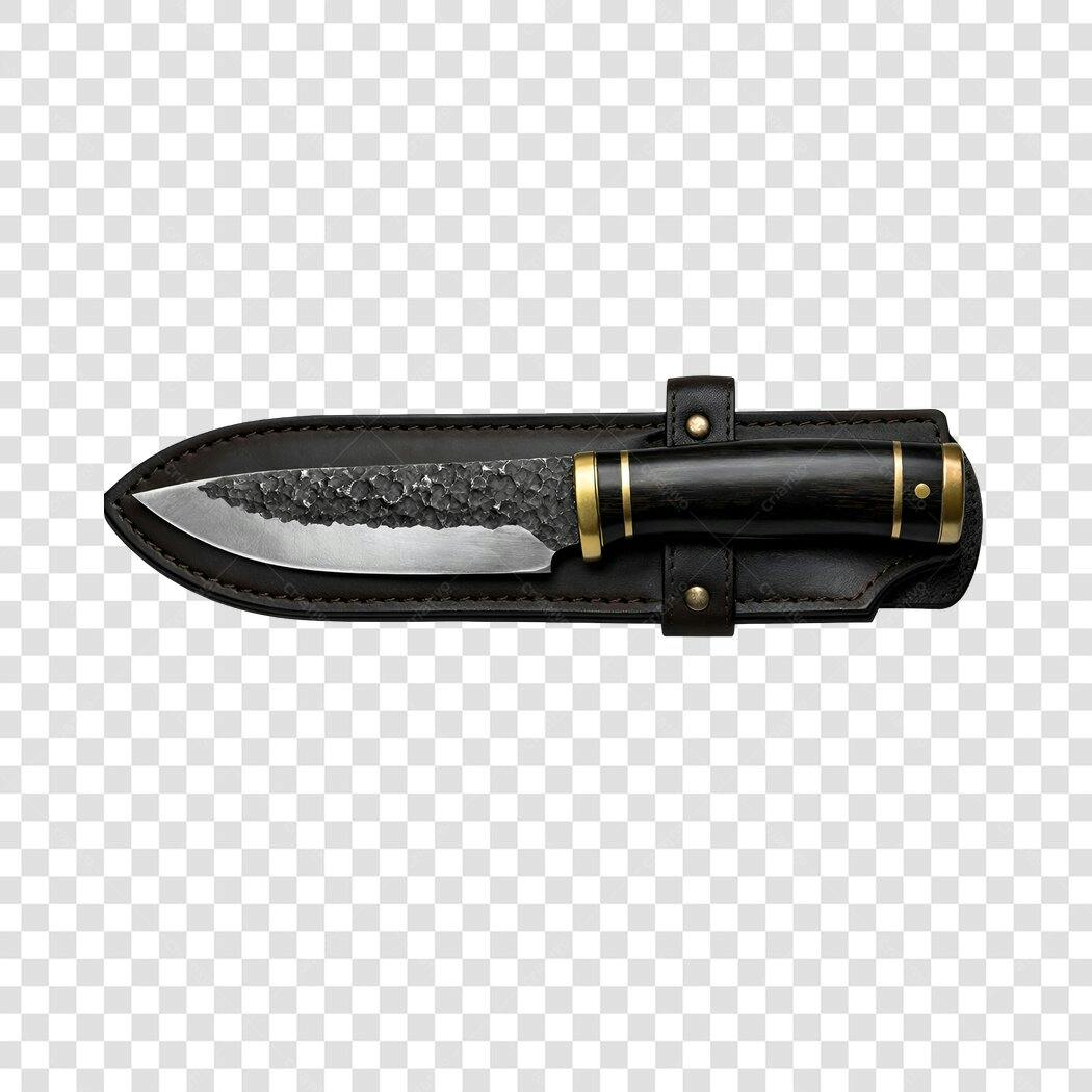 Foto Recortada Faca Artesanal Cabo Preto Bainha Couro PNG Fundo Transparente
