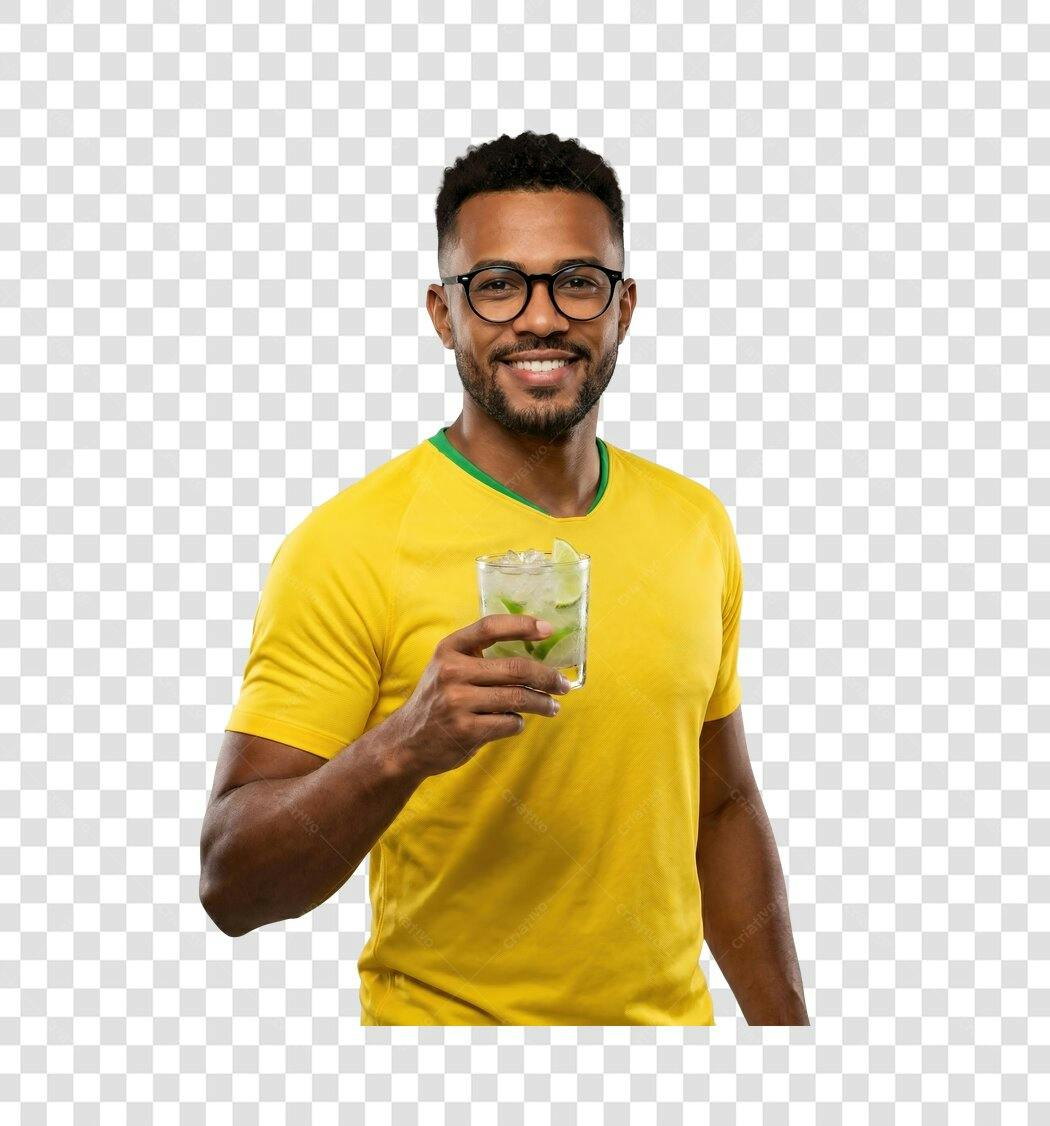 Foto Recortada Homem Brasileiro Caipirinha Camisa Amarela PNG Fundo Transparente