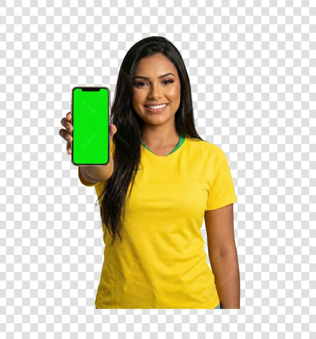 Foto Recortada Mulher Camisa Brasil Celular PNG Fundo Transparente