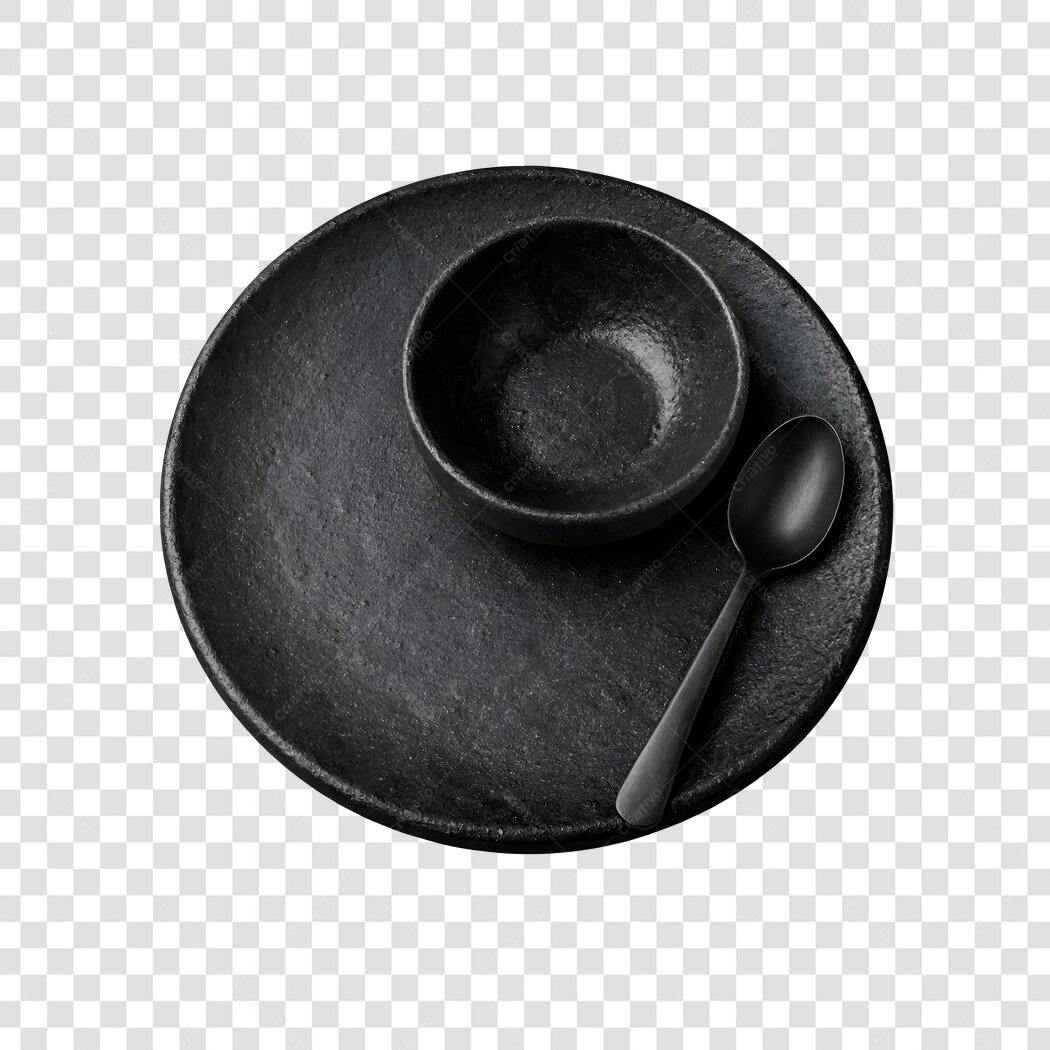 Foto Recortada Prato Tigela Colher Preto PNG Fundo Transparente