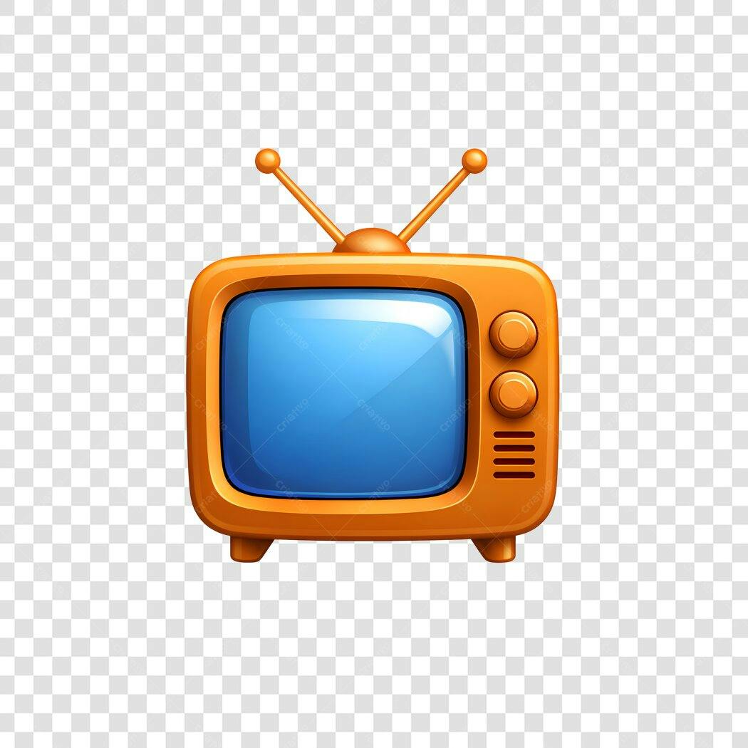Ícone TV Retrô Laranja Tela Azul PNG Fundo Transparente