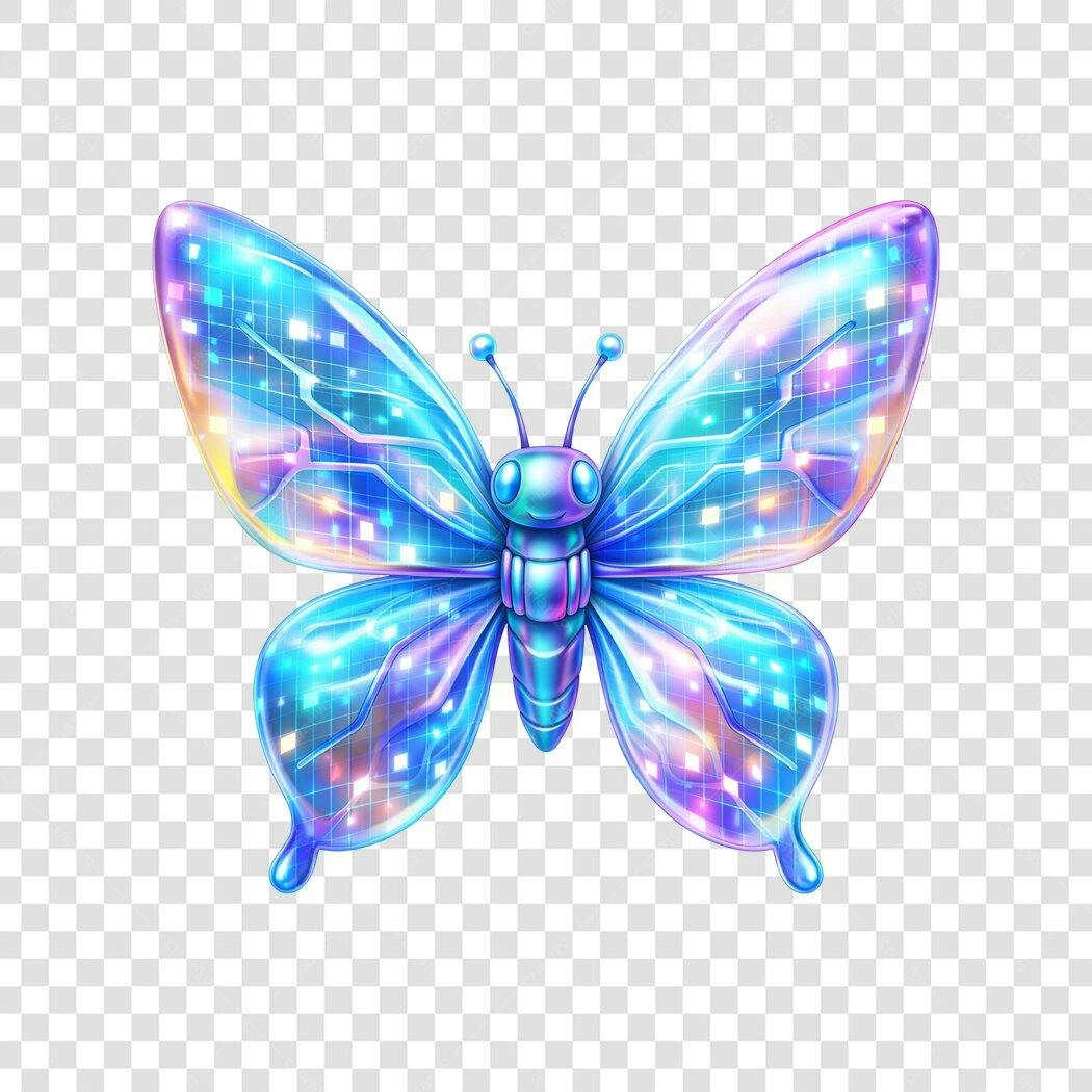 Ilustração Borboleta Digital Azul Neon PNG Fundo Transparente