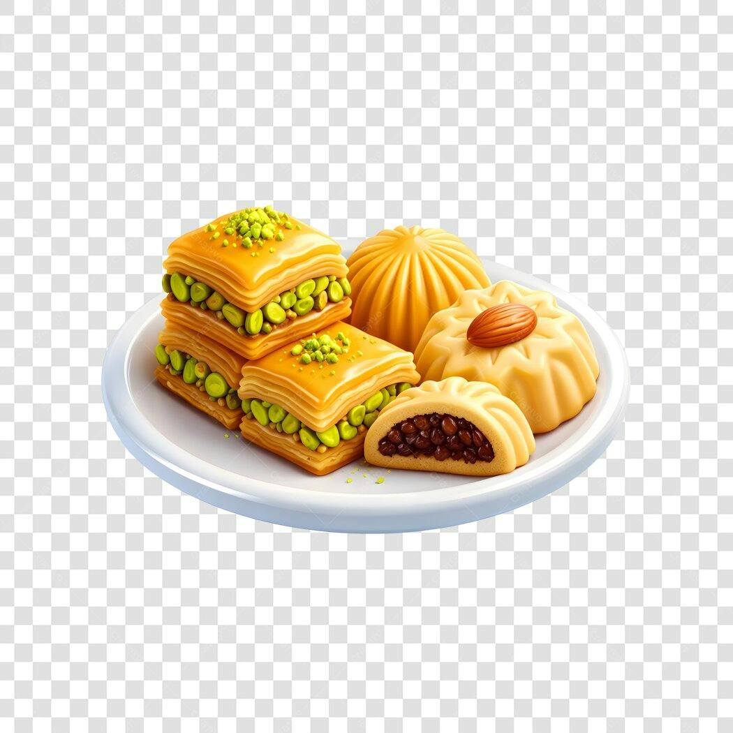 Ilustração Doces Árabes Baklava e Maamoul PNG Fundo Transparente
