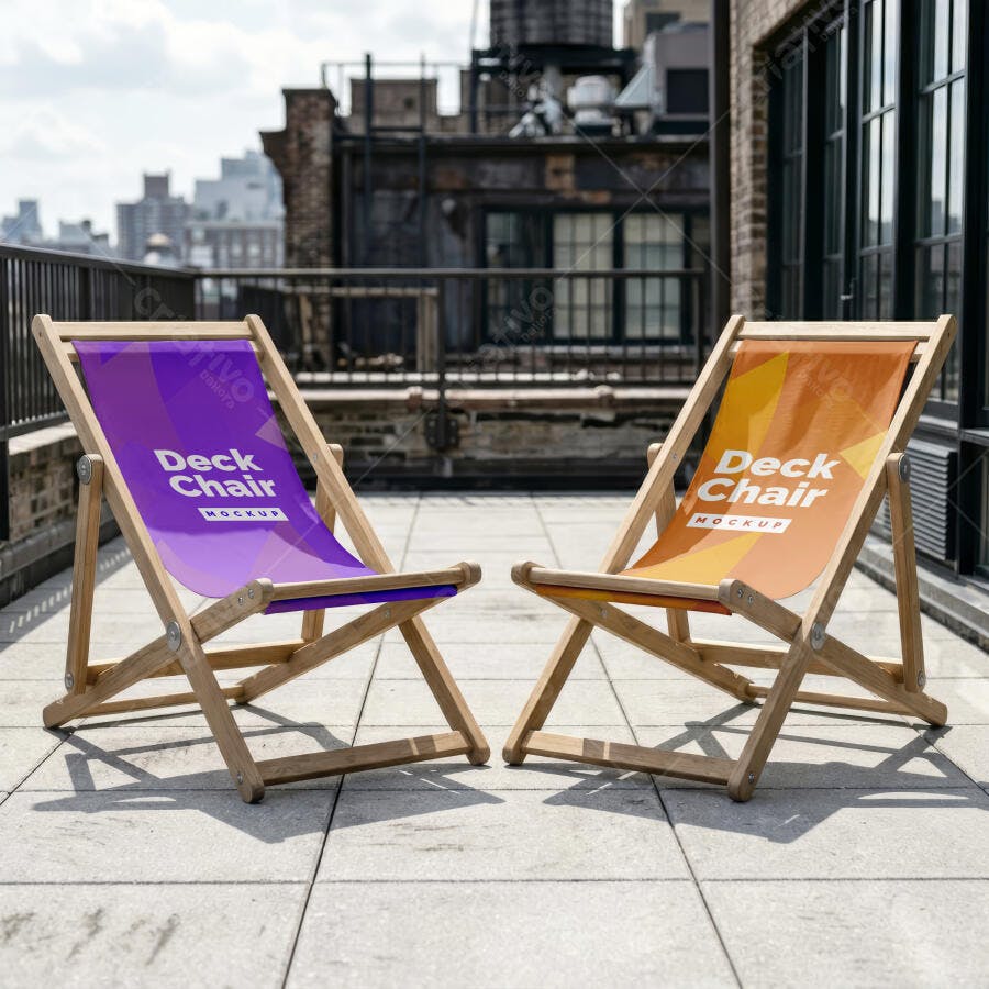 Mockup Cadeira de Praia Deck Chair Tecido Cenário Urbano Editável