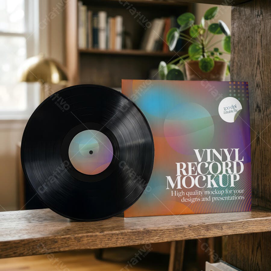 Mockup Disco de Vinil Capa Realista Estante Madeira Editável