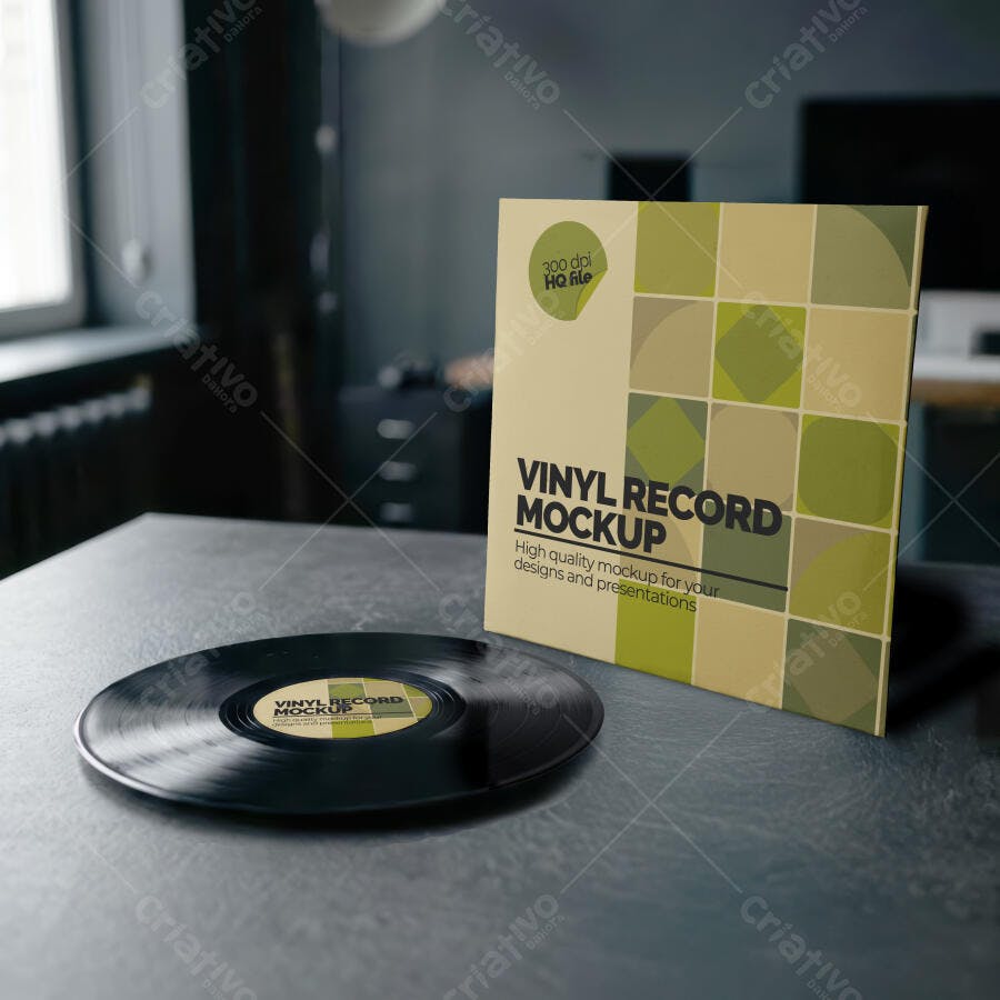 Mockup Disco Vinil Capa Realista Mesa Editável