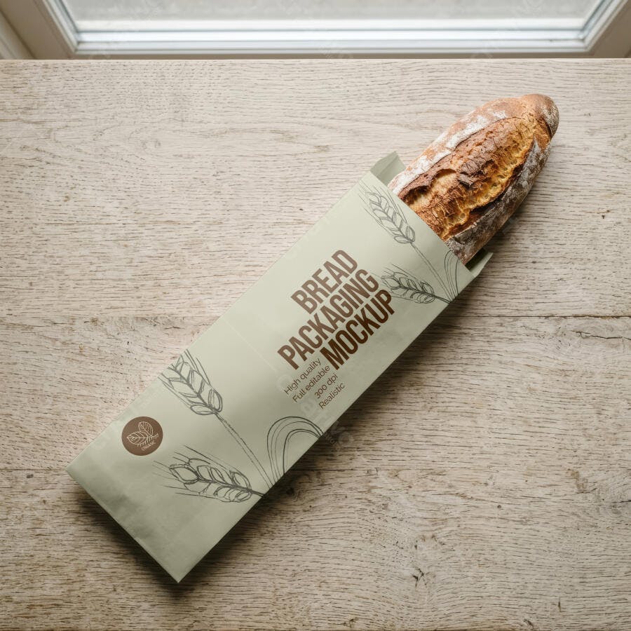 Mockup Embalagem Pão Baguete Papel Mesa Madeira Editável