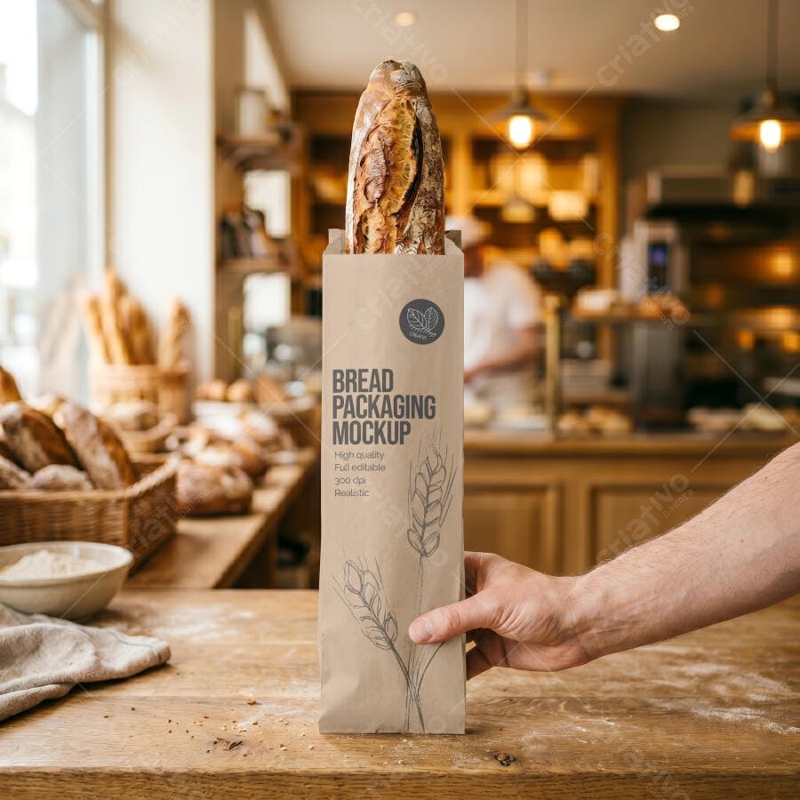 Mockup Embalagem Pão Kraft Mãos Segurando Padaria Editável