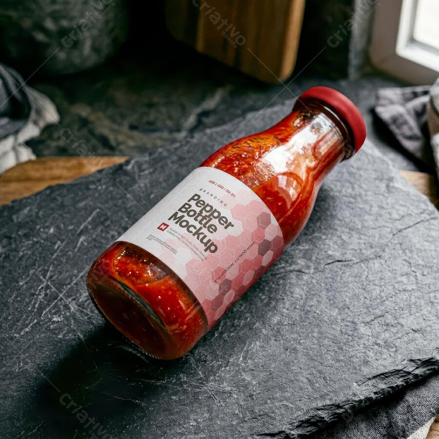 Mockup Garrafa Molho Pimenta Vidro Pedra Escura Editável
