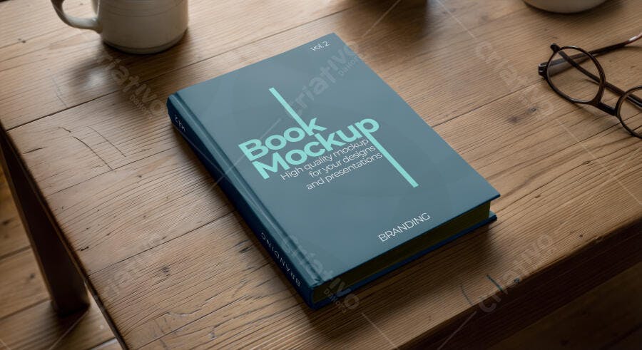 Mockup Livro Capa Dura Mesa Madeira Realista Editável