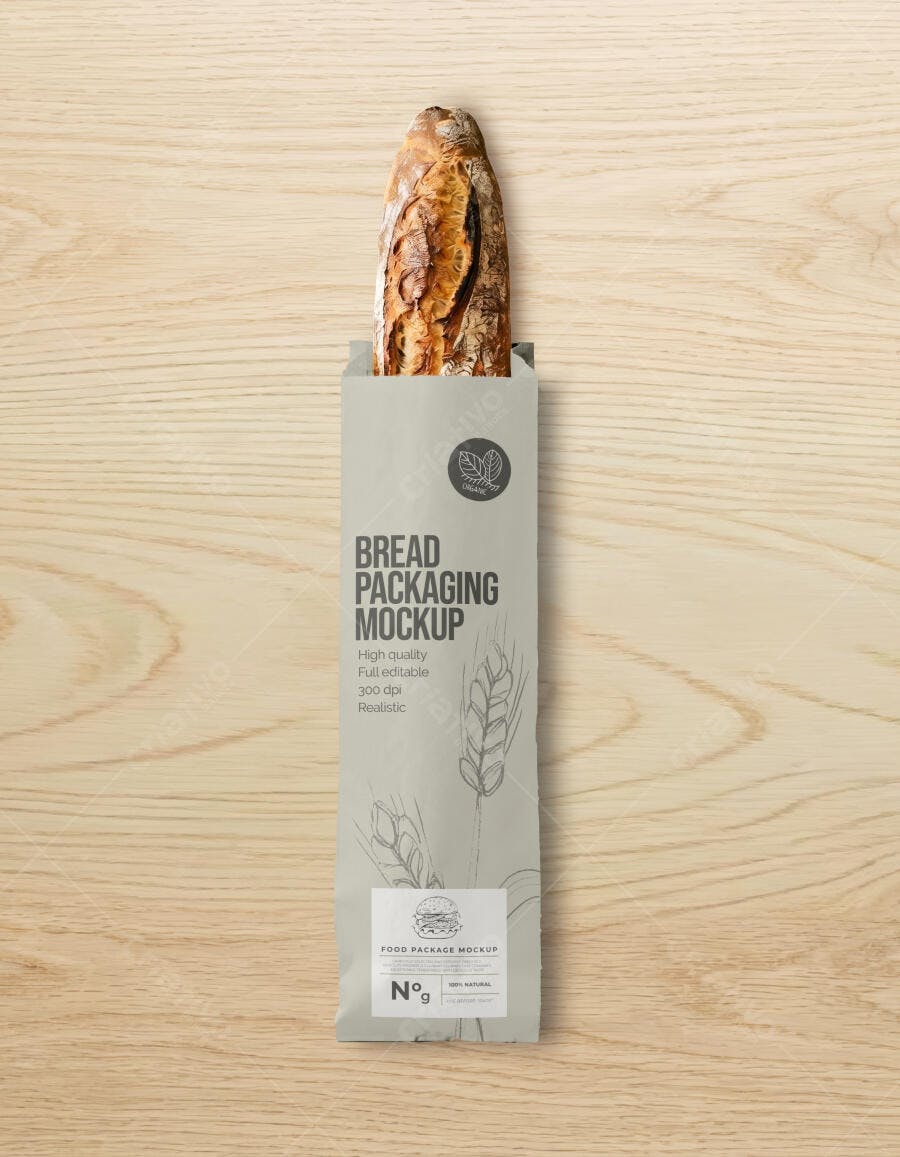 Mockup Realista Embalagem Pão Baguete Papel Flat Lay Editável