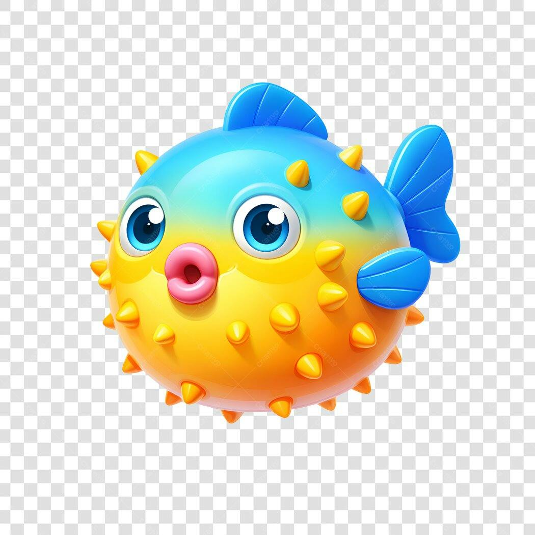 Personagem Ilustrado Peixe Baiacu Fofo Azul Amarelo PNG Fundo Transparente