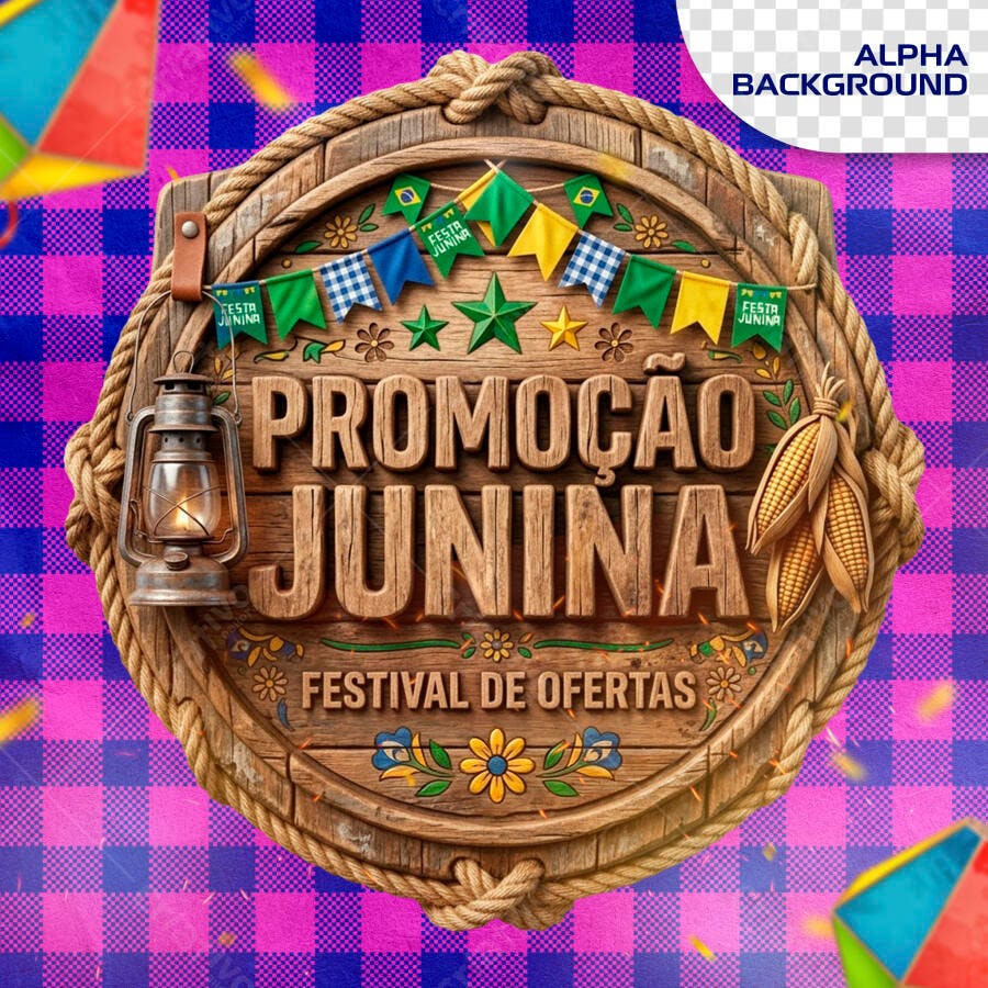 Selo 3D Promoção Junina Festival de Ofertas Madeira PNG Transparente