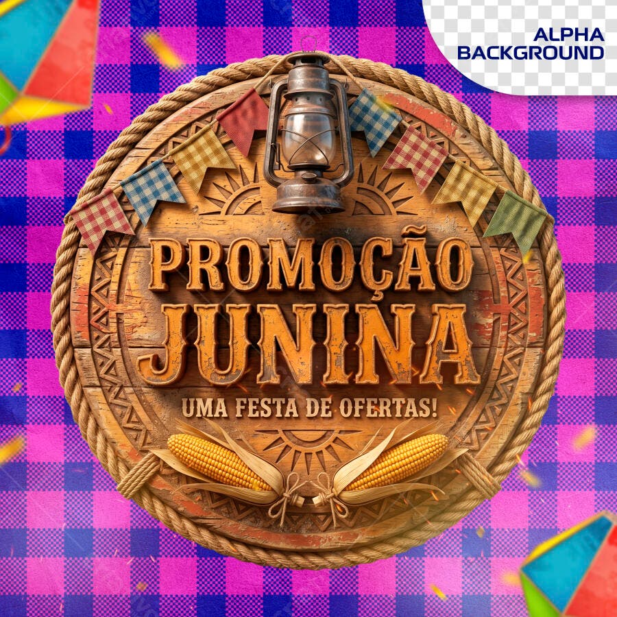 Selo 3D Promoção Junina Madeira Rústica PNG Transparente