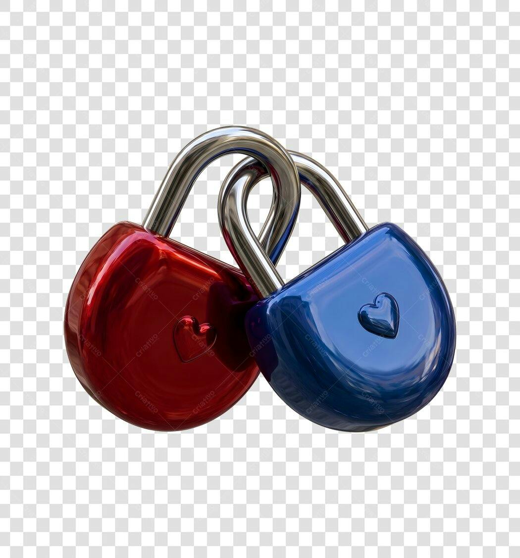 Elemento 3D Cadeados Coração Vermelho Azul Dia dos Namorados Junho PNG Fundo Transparente