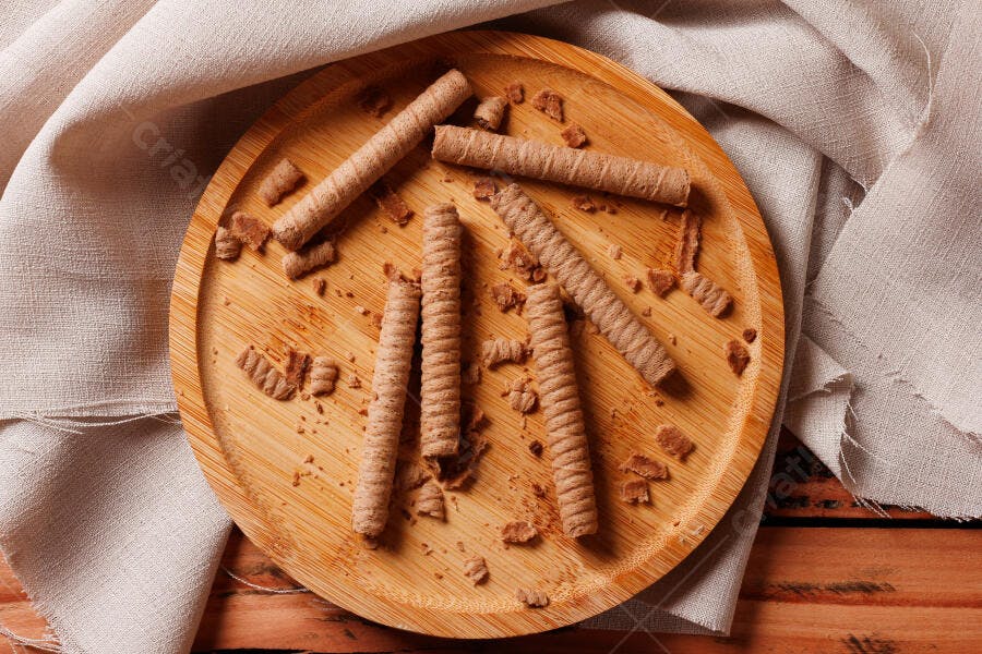 Foto Biscoitos Wafer de Chocolate Rolinhos Prato Madeira