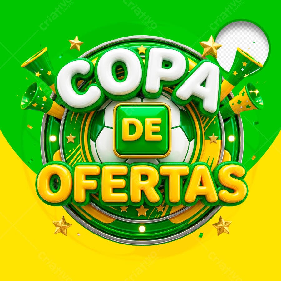 Selo 3D Copa de Ofertas Futebol Verde Amarelo PNG Transparente