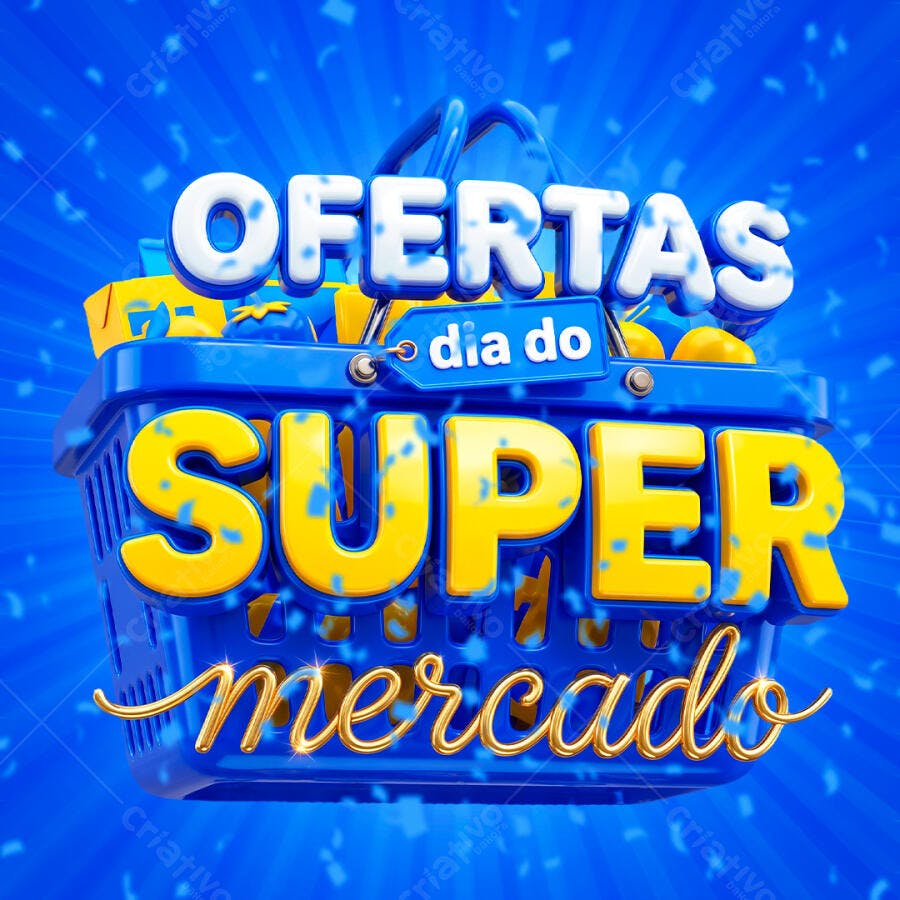 Selo 3D Ofertas Dia do Supermercado Azul Amarelo PNG