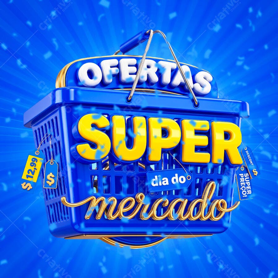 Selo 3D Super Ofertas Dia do Mercado Azul e Amarelo PNG