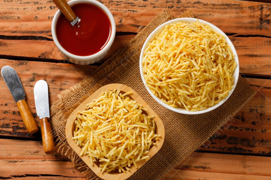Foto Batata Palha Crocante Ketchup Mesa Rústica Flat Lay