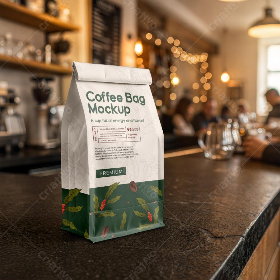 Mockup Embalagem Café Saco Papel Balcão Cafeteria Editável