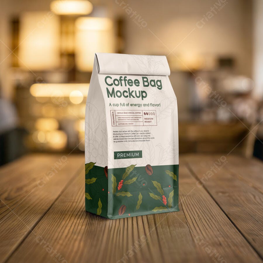 Mockup Embalagem Café Saco Papel Mesa Madeira Editável