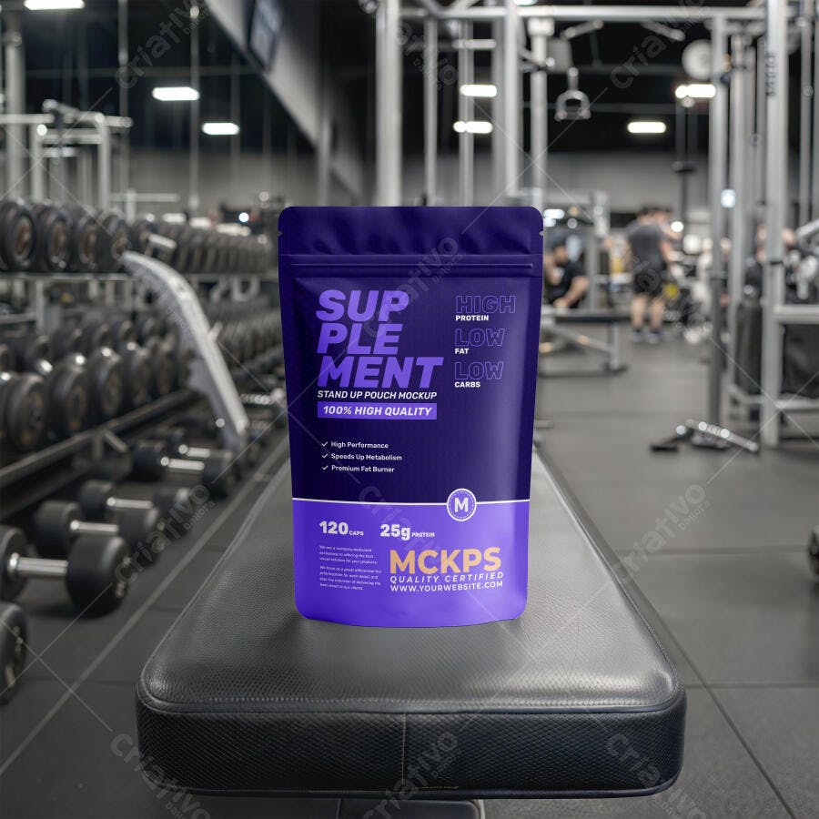 Mockup Embalagem Suplemento Pouch Frontal Academia Editável
