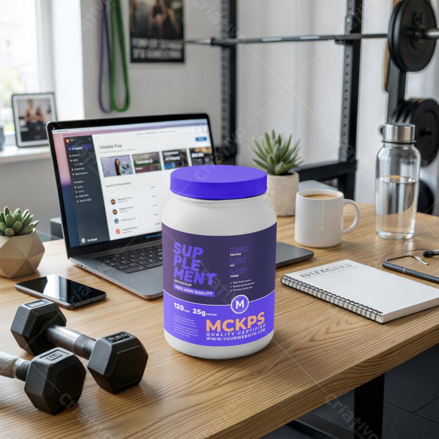 Mockup Pote Suplemento Fitness Mesa Madeira Lifestyle Editável