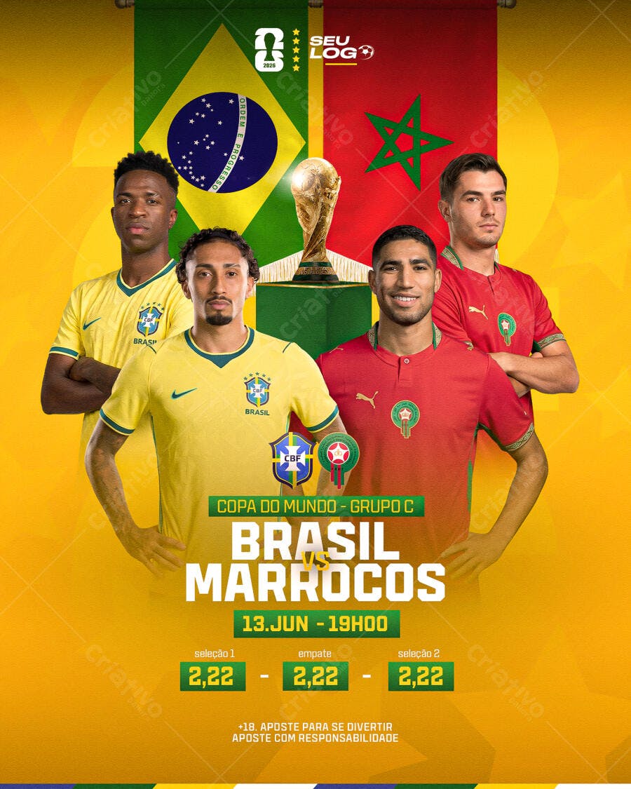 Post Instagram Copa do Mundo Brasil Marrocos PSD Editável