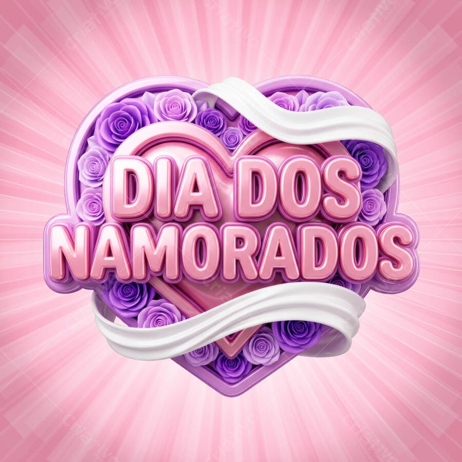 Selo 3D Dia dos Namorados Coração Rosas Lilás PNG Transparente
