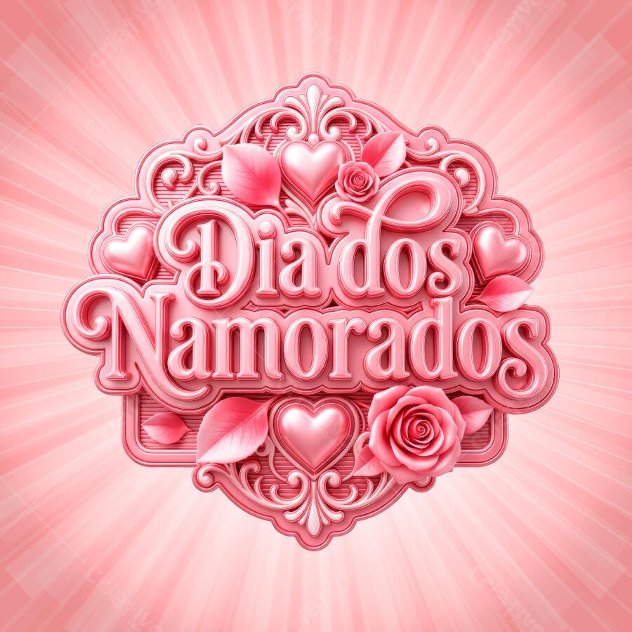 Selo 3D Dia dos Namorados Rosa com Corações e Rosas PNG