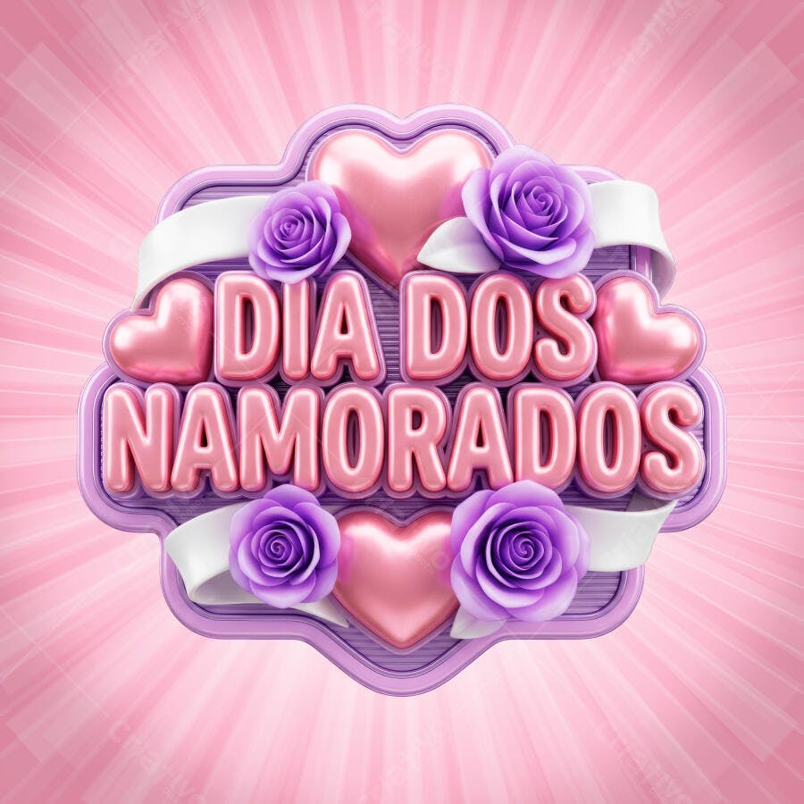 Selo 3D Dia dos Namorados Rosa e Roxo Corações PNG Transparente