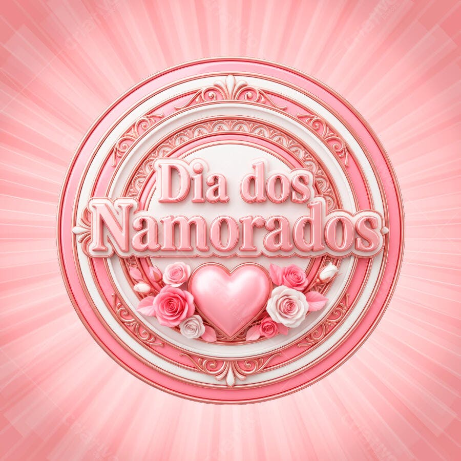 Selo 3D Dia dos Namorados Rosas e Coração Rosa PNG