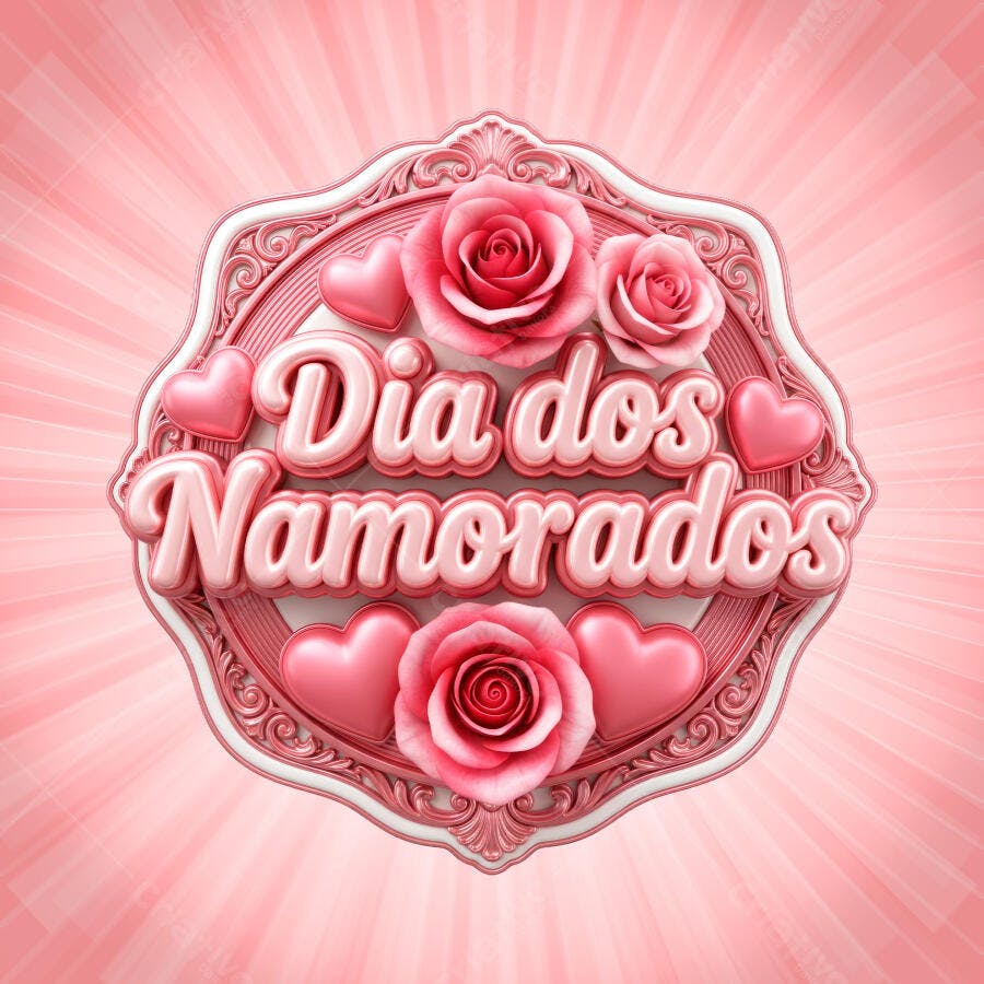 Selo 3D Dia dos Namorados Rosas e Corações Rosa PNG