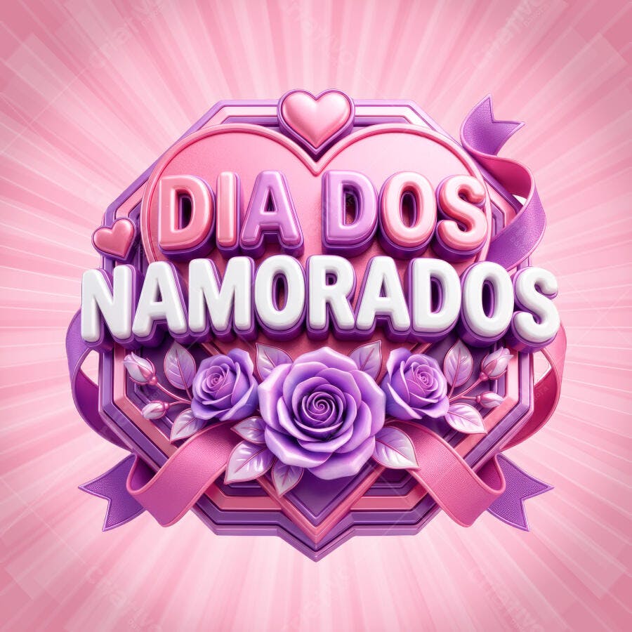 Selo 3D Dia dos Namorados Rosas Roxo e Rosa PNG Transparente