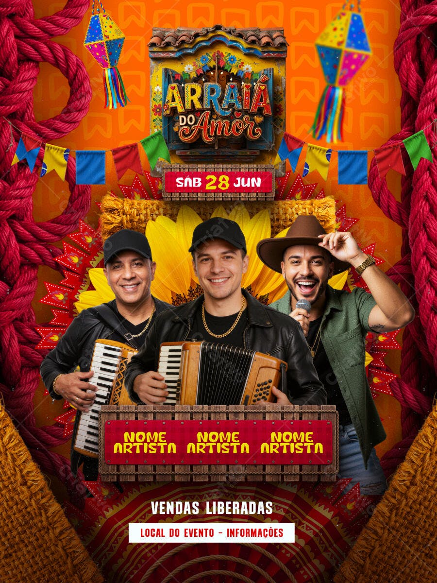 Flyer Arraiá do Amor Festa Junina Junho PSD Editável