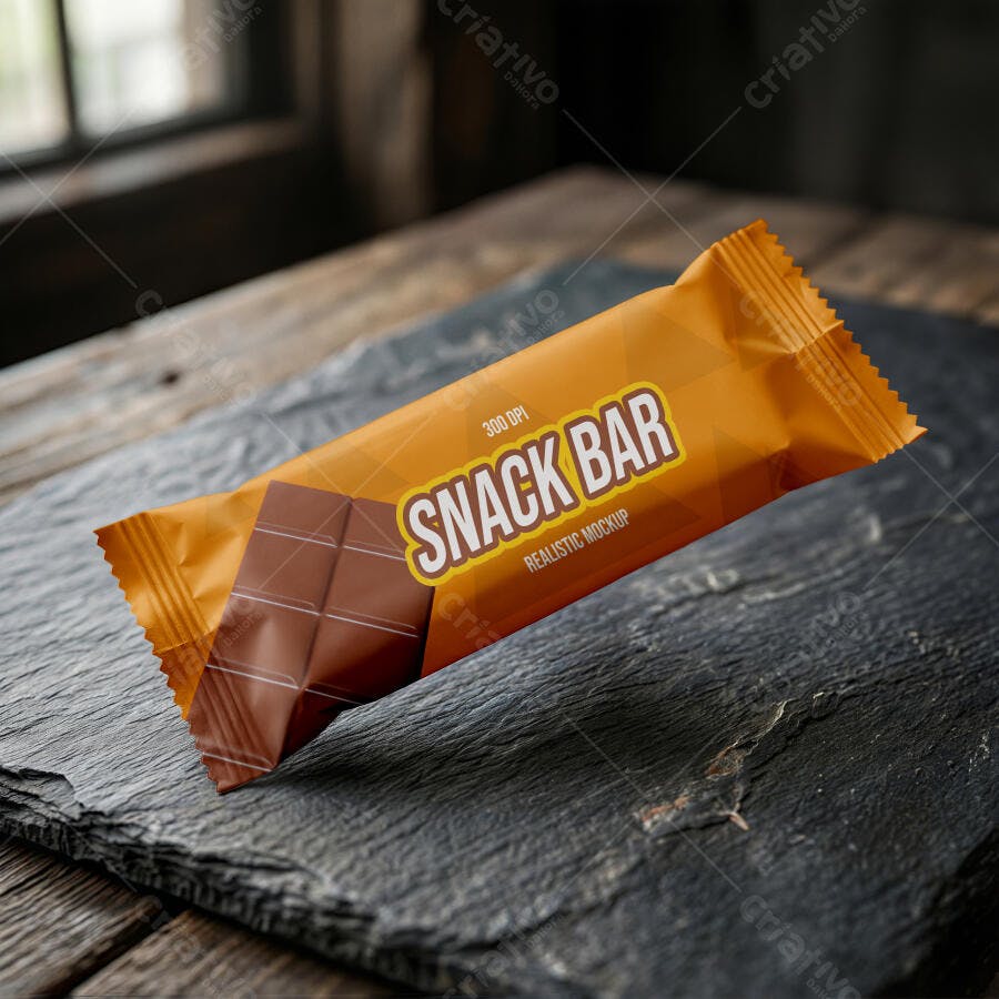 Mockup Embalagem Barra de Cereal Snack Bar Mesa Madeira Editável